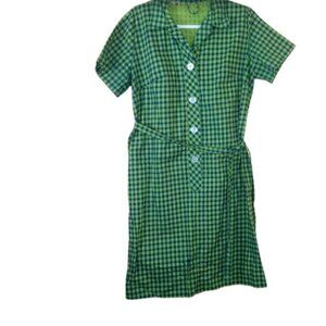 Vintage 1960s Womens Aldens Popover Shirt Dress Green Navy Check Tie Waist L